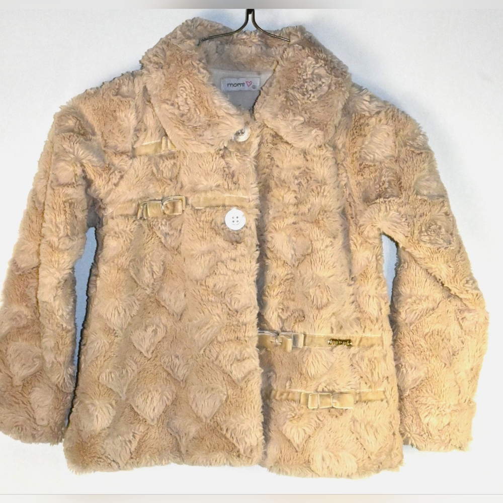 MOMI Blush Pink Faux Fur Coat size 2T Heart Pattern, Bows. Logo, Winter, Formal,